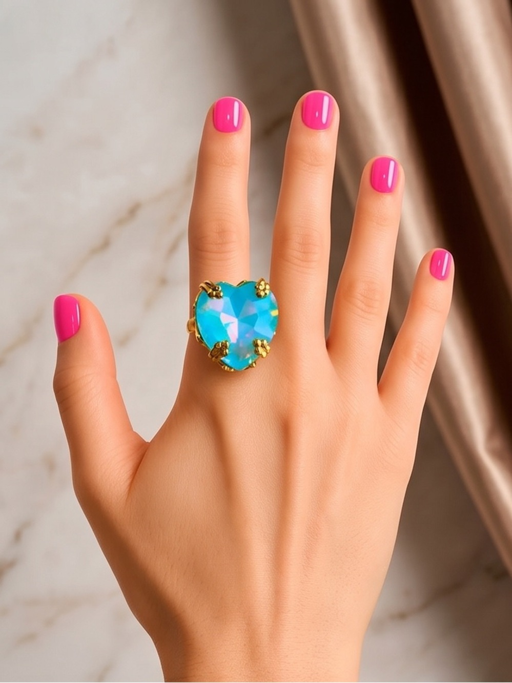 Heart Ring with Blue Opal Crystal-Adjustable ring